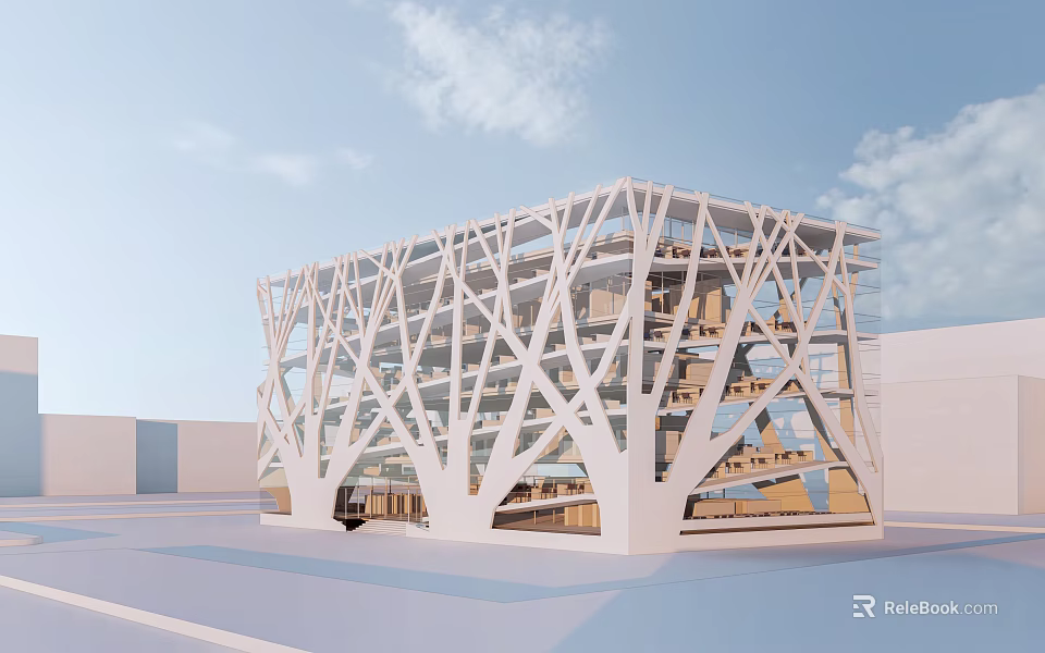 Modern School Building With White Geometric Frame Structure Multi story Glass Facade And Open Plaza 3d model 