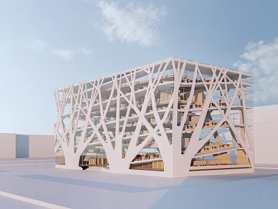 Modern School Building With White Geometric Frame Structure Multi story Glass Facade And Open Plaza 3d model