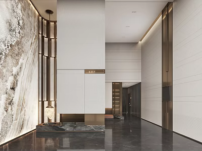 Modern Lobby Interior With Marble Wall Elevator Corridor And Metal Lighting Accents 3d model