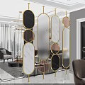 Elegant Gold Frame Room Divider With Various Shaped Marble Glass Panels In Modern Living Room