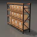 Industrial Display Shelves with Multiple Tiers Holding Stacked Cardboard Boxes for Organized Storage