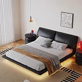 Modern Double Bed with Black Leather Headboard Gray Sheets and Brown Throw Blanket 3d model