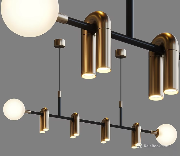 Modern Brass Chandelier With Spherical And Cylindrical Lights Black Frame Design 3d model