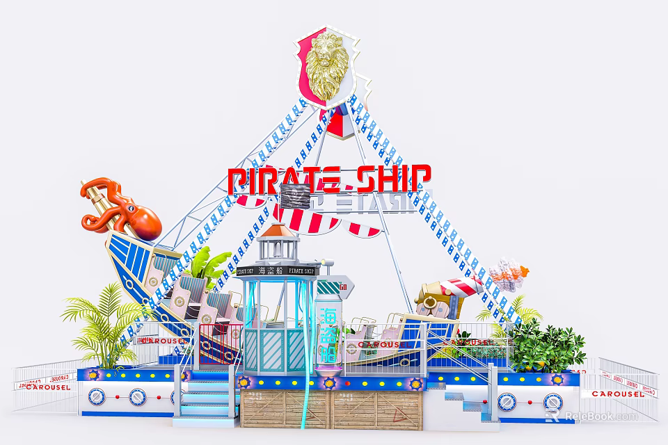 Vibrant Pirate Ship Amusement Ride with Red Sign Palm Trees and Lighthouse Decor 3d model 