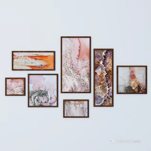 Multiple Abstract Paintings With Diverse Colors Textures And Brown Frames On Wall 3d model 