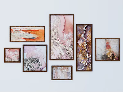 Multiple Abstract Paintings With Diverse Colors Textures And Brown Frames On Wall 3d model
