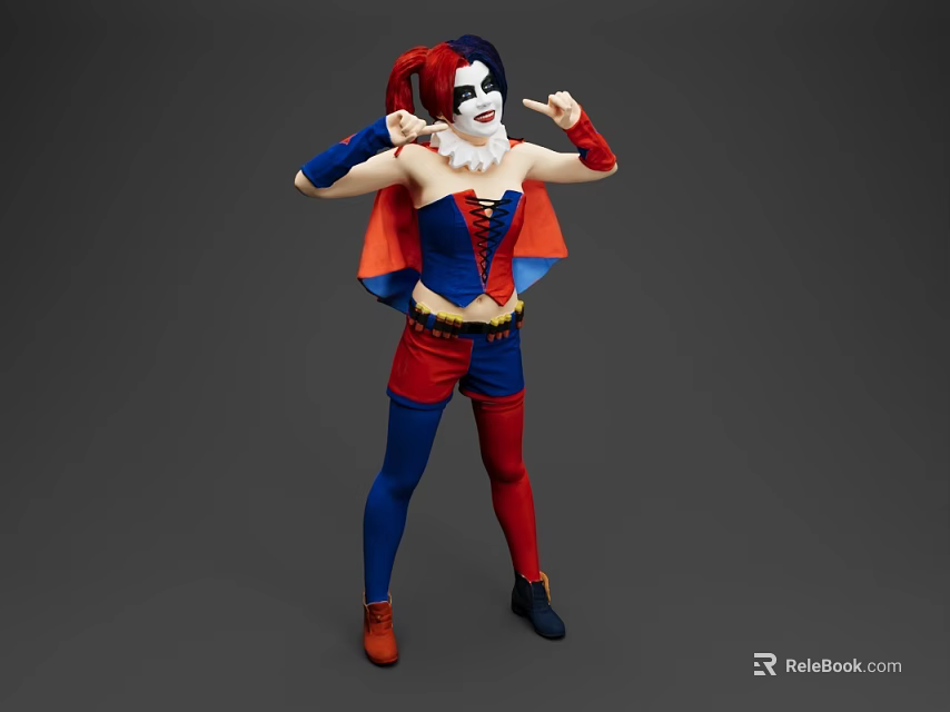 Game Movie Character In Red Blue Costume With Pigtails And Clown Makeup Gesturing Hands 3d model 