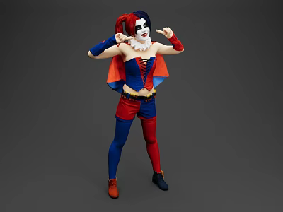 Game Movie Character In Red Blue Costume With Pigtails And Clown Makeup Gesturing Hands 3d model