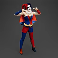 Game Movie Character In Red Blue Costume With Pigtails And Clown Makeup Gesturing Hands