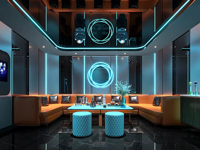 Modern KTV Room With Blue Neon Lights Circular Decor Orange Sofas Central Table And Stools 3d model