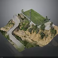 3D Model Of Green Turf Football Field With Curved Road And Hilly Terrain Trees