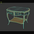 Elegant Blue Checkered Side Table With Gold Accents Carved Details And Lower Tray