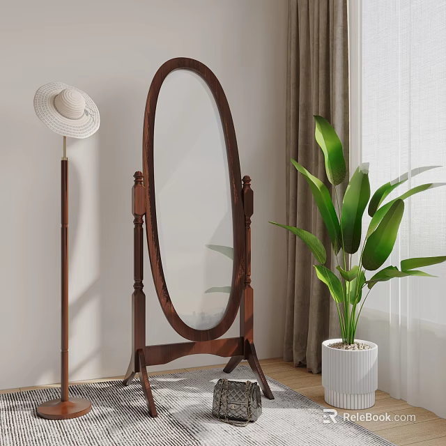 Elegant Wooden Frame Full Length Mirror With Green Plant And Curtain In Living Room 3d model 