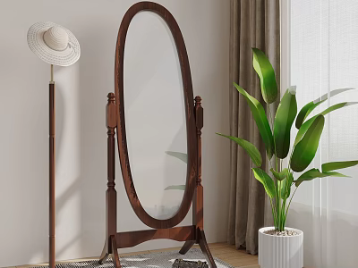 Elegant Wooden Frame Full Length Mirror With Green Plant And Curtain In Living Room 3d model
