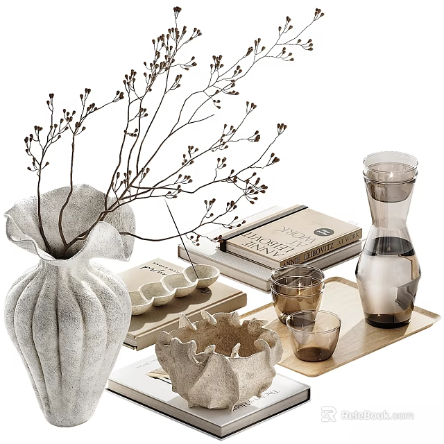 Modern Decorative Ornament Set with White Vase Dried Branches Glass Carafe and Tray 3d model 