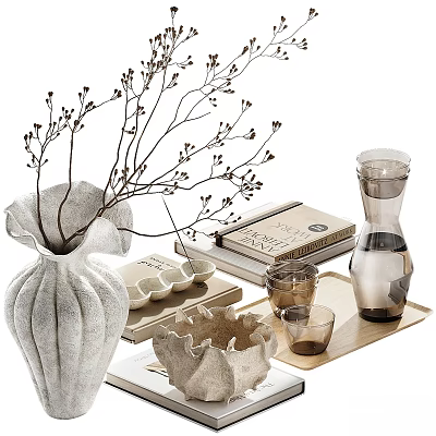 Modern Decorative Ornament Set with White Vase Dried Branches Glass Carafe and Tray 3d model