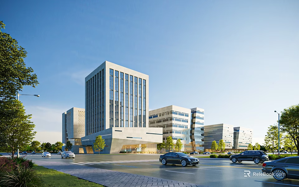 Modern Office Building Complex With Glass Facade Greenery And Roadside Vehicles 3d model