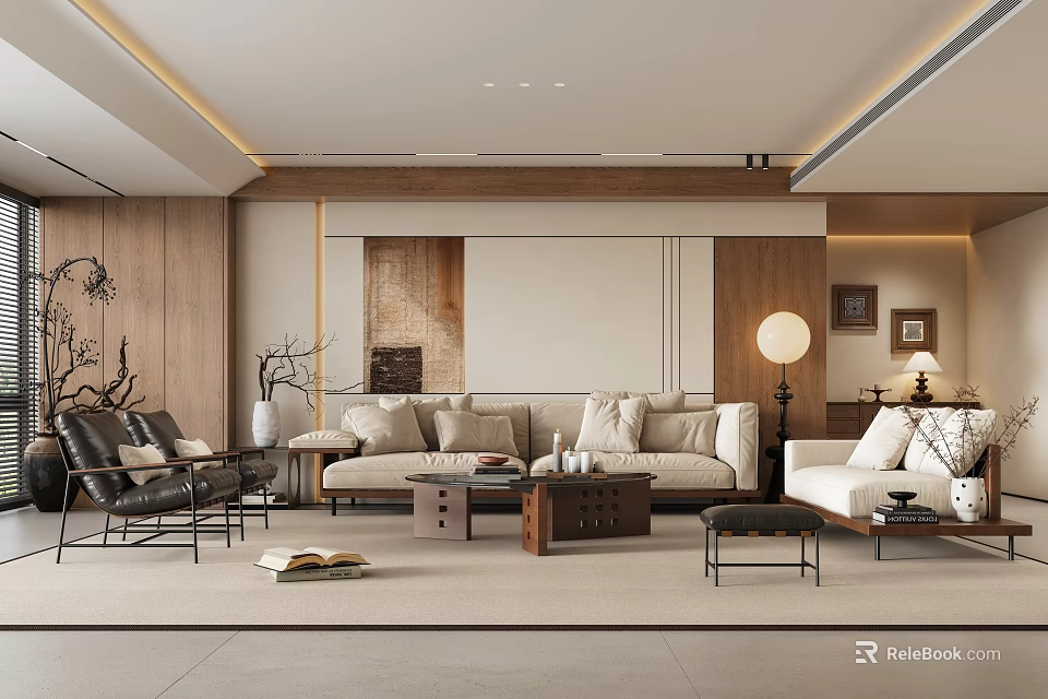 Elegant Modern Living Room Interior With Sofa Coffee Table And Floor Lamp Decor 3d model 