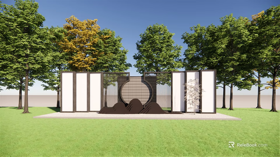Modern Scenic Feature Wall With Circular Pattern White Panels And Green Trees In Grass 3d model