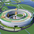 Modern Circular Architectural Design with Multi Level Structure Surrounded by Green Area Roads and Water 3d model