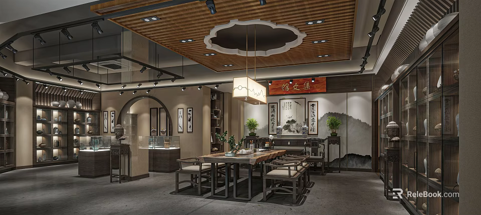 Traditional Chinese Tea House Interior With Wooden Ceiling Hanging Lanterns And Calligraphy Art 3d model 