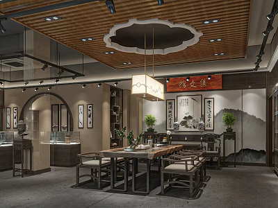 Traditional Chinese Tea House Interior With Wooden Ceiling Hanging Lanterns And Calligraphy Art 3d model