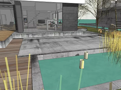 Modern Outdoor Water Fountain With Pool Wooden Deck And Concrete Platform 3d model