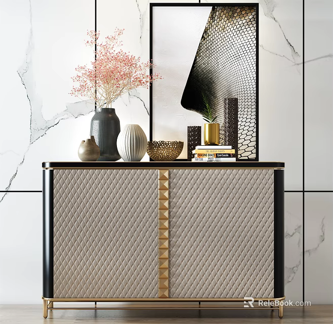 Modern Console Side Cabinet With Textured Doors Gold Trim And Decorative Vase Books 3d model 