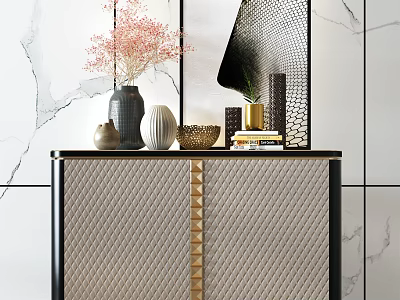Modern Console Side Cabinet With Textured Doors Gold Trim And Decorative Vase Books 3d model
