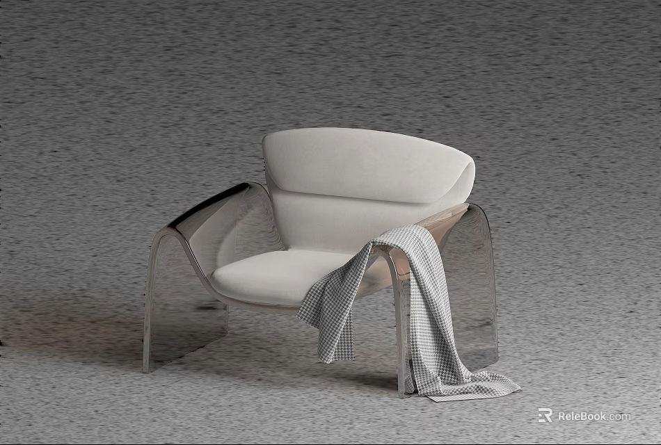 Modern Accent Chair With White Padded Seat Transparent Acrylic Armrests And Gray Plaid Blanket 3d model 