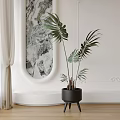 Bonsai Plant With Tall Green Leaves In Black Pot Against White Wall And Marble Background