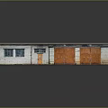 Small Warehouse Building With Gray Roof White Brick Walls Small Windows And Orange Garage Doors