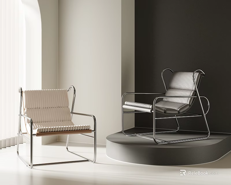 Stylish Modern Leisure Chairs With Metal Frames And Woven Seats In Bright Indoor Space 3d model 