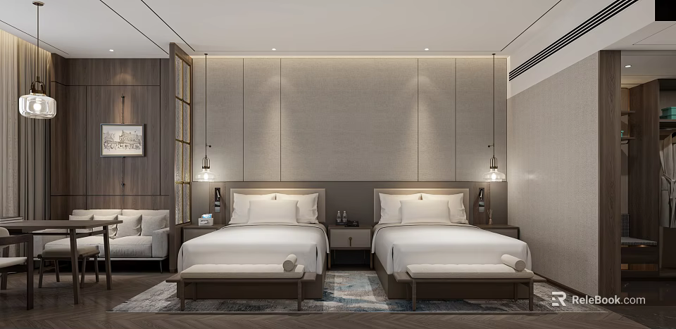 Hotel Guest Room Interior With Twin Beds Nightstands Ambient Lighting And Modern Decor 3d model 