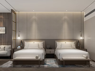 Hotel Guest Room Interior With Twin Beds Nightstands Ambient Lighting And Modern Decor 3d model