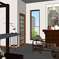 Traditional Chinese Style Hotel Guest Room With Large Windows Wooden Furniture And Green Outdoor View
