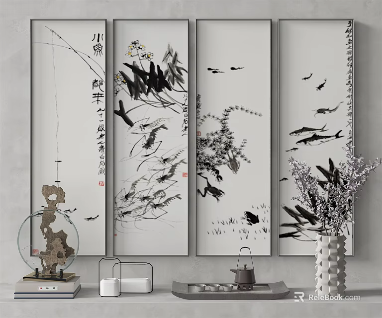 Chinese Ink Paintings Vertical Scrolls With Bamboo Fish And Floral Elements For Home Decor 3d model 