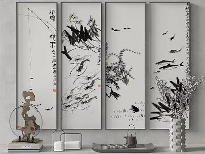 Chinese Ink Paintings Vertical Scrolls With Bamboo Fish And Floral Elements For Home Decor 3d model