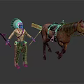 Native American Man in Feathered Headdress Holding Spear and Tomahawk with Running Horse