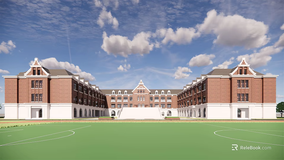 Symmetrical Red Brick School Buildings With Green Playground Under Blue Sky 3d model 