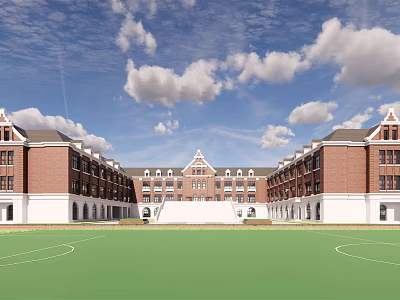 Symmetrical Red Brick School Buildings With Green Playground Under Blue Sky 3d model