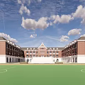 Symmetrical Red Brick School Buildings With Green Playground Under Blue Sky