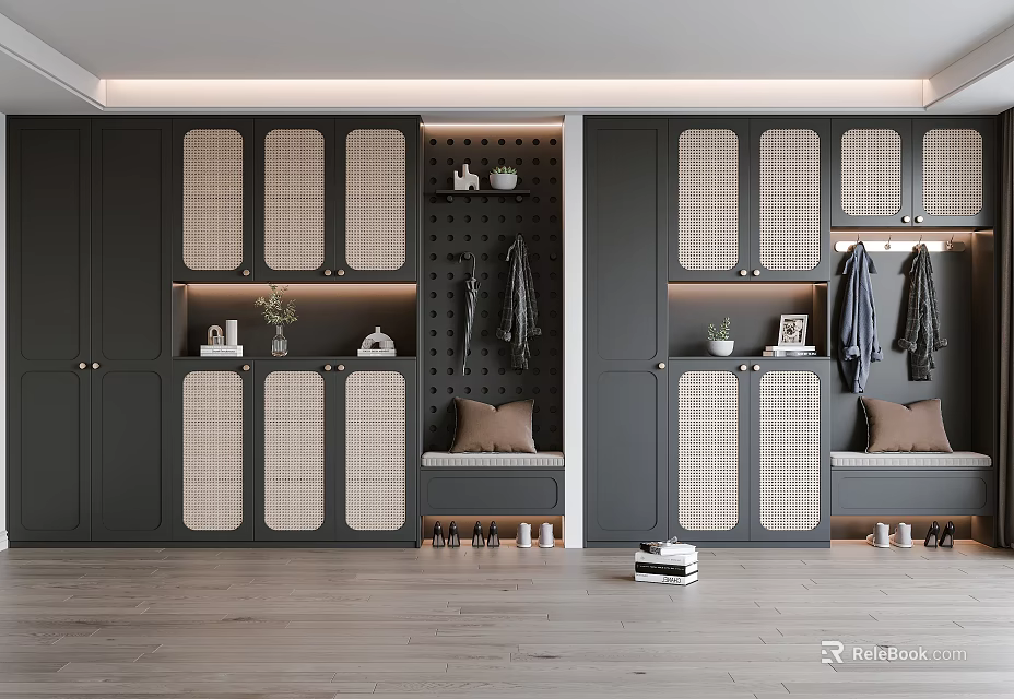 Modern Luxury Shoe Cabinet With Gray Cabinet Rattan Door Bench And Clothing Rack 3d model 