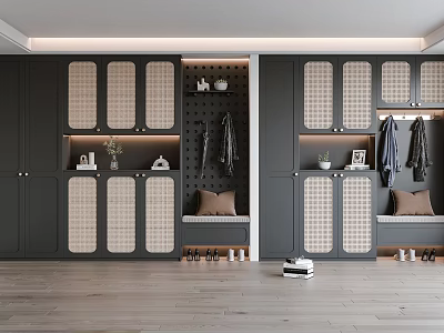 Modern Luxury Shoe Cabinet With Gray Cabinet Rattan Door Bench And Clothing Rack 3d model