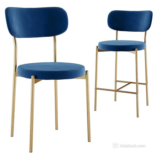 Stylish Blue Velvet Leisure Chairs With Golden Metal Legs Modern Design 3d model 