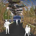 Bamboo Pergola Arched Structure With Golden Trees Surrounding Outdoor Area And People Walking Through