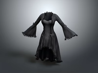 Black Gothic Long Sleeve Dress With Ruffled Cuffs And Asymmetric Hem 3d model