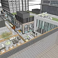 Modern Commercial Street With Glass Facades Sky Bridge And Pedestrian Walkway