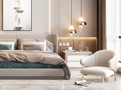 Modern Elegant Bedroom Interior Design With Striped Walls Abstract Painting And Accent Chair 3d model