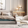 Modern Elegant Bedroom Interior Design With Striped Walls Abstract Painting And Accent Chair